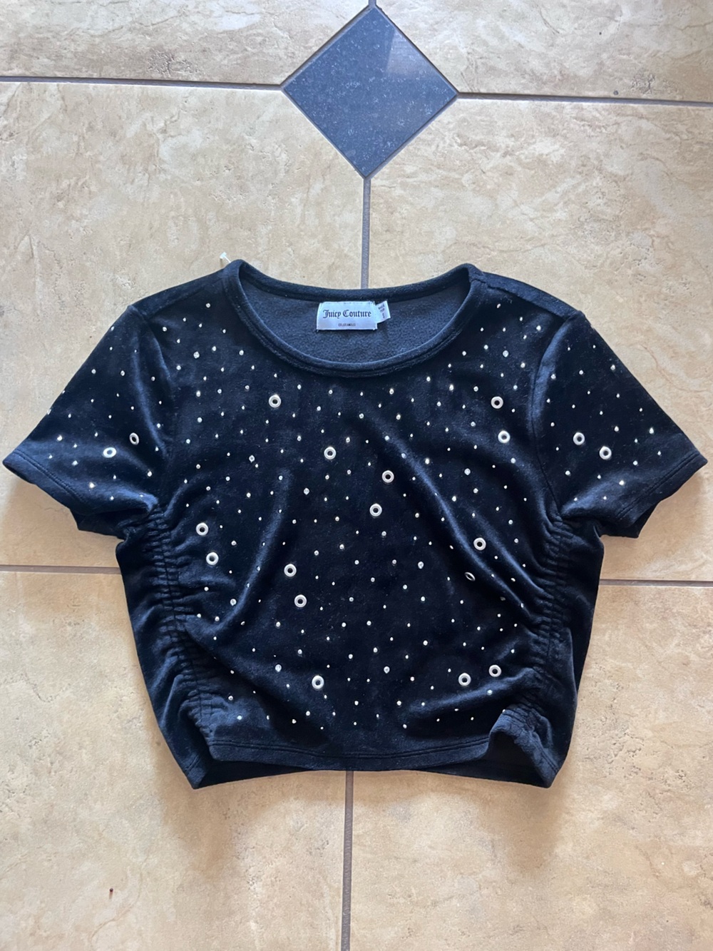 Juicy Couture Black Velvet Short Sleeve Top with Silver Grommets